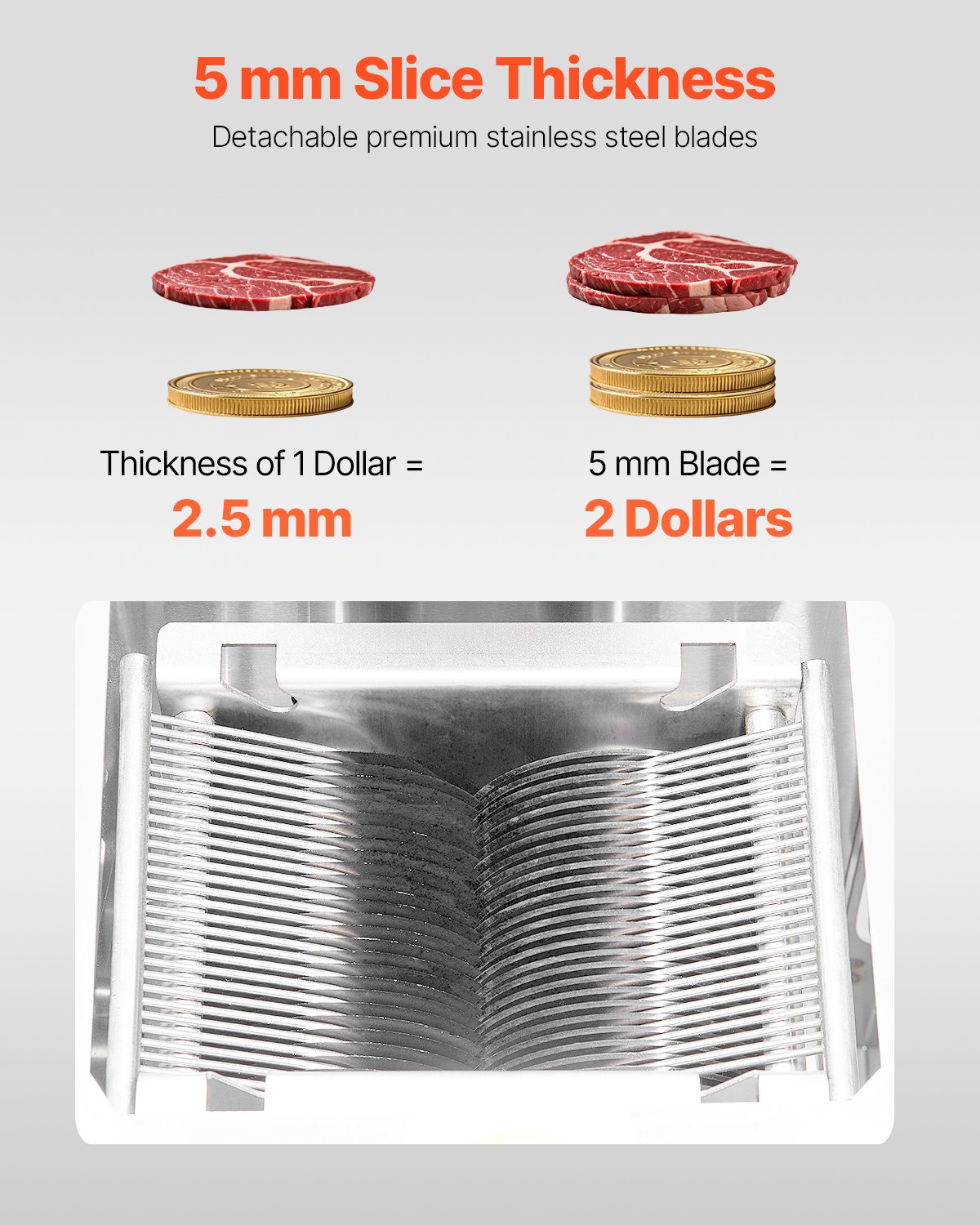 VEVOR Meat Cutter Machine, 1100W Meat Slicer, 1102 lb/h Commercial Meat Cutting Machine, Stainless Steel, 5 mm Thickness, Detachable Blades, Electric Food Slicer for Kitchen Restaurant Supermarket