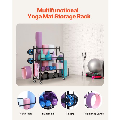 Mueble Para Equipo De Gimnasio O Yoga En Casa Soporte Para Esterilla De Yoga, Soporte Para Mancuernas, Pesas Rusas Y Rodillos De Espuma, Con Ganchos Y Ruedas, Color Blanco Material Resistente Acero