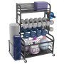 VEVOR Yoga Mat Storage Rack, Home Gym Workout Equipment Organizer, Powder Coated Finish Steel Yoga Mat Holder with Hooks & Wheels, Weight Rack for Dumbbell, Kettlebell, Foam Roller, and Yoga Strap
