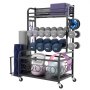 VEVOR Yoga Mat Storage Rack, Home Gym Workout Equipment Organizer, Powder Coated Finish Steel Yoga Mat Holder with Hooks & Wheels, Weight Rack for Dumbbell, Kettlebell, Foam Roller, and Yoga Strap