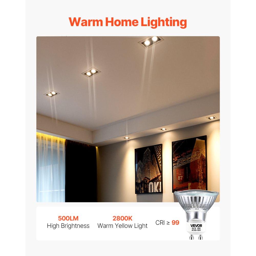 VEVOR Halogen Light Bulbs, MR16 GU10 Candle Warmer Lamp Bulb Dimmable, 100-130V 50W Glass Cover Halogen Bulbs, 2800K Warm Light Bulb, for Wall Lamp, Hood Range, Landscape & Track Lighting, Pack of 6