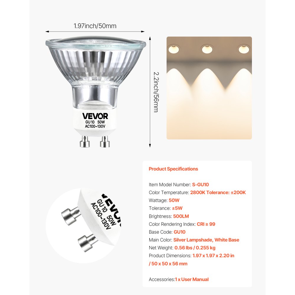 VEVOR Halogen Light Bulbs, MR16 GU10 Candle Warmer Lamp Bulb Dimmable, 100-130V 50W Glass Cover Halogen Bulbs, 2800K Warm Light Bulb, for Wall Lamp, Hood Range, Landscape & Track Lighting, Pack of 6