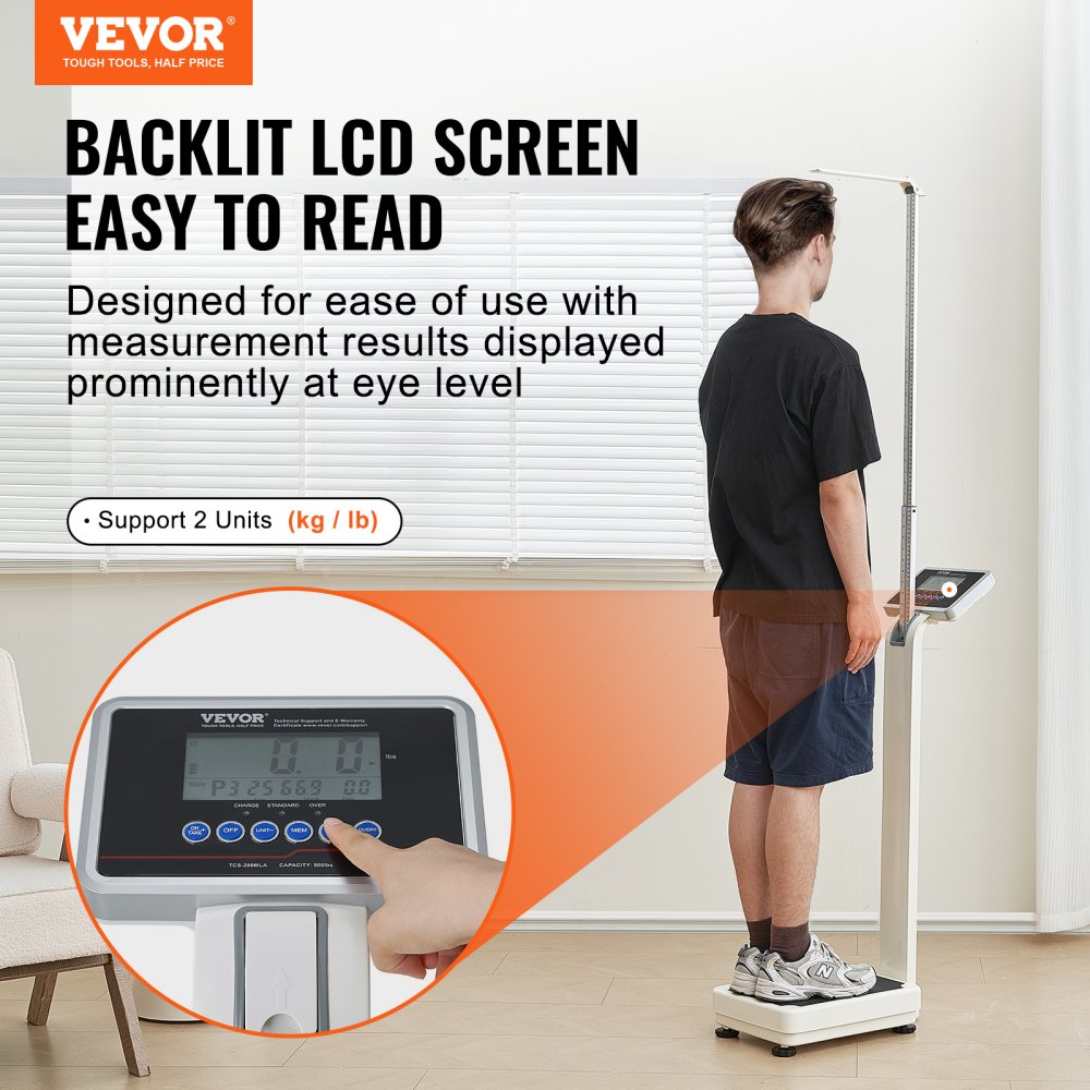 Báscula médica digital VEVOR, báscula médica profesional para peso y altura, báscula médica multifunción con tallímetro integrado, 2 unidades (kg/lb), IMC para gimnasios en casa, hospitales, capacidad de 500 lb