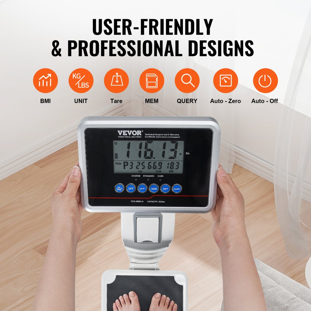 Báscula médica digital VEVOR, báscula médica profesional para peso y altura, báscula médica multifunción con tallímetro integrado, 2 unidades (kg/lb), IMC para gimnasios en casa, hospitales, capacidad de 500 lb