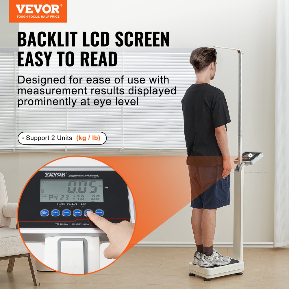 Báscula médica digital VEVOR, báscula médica profesional para peso y altura, báscula médica multifunción con tallímetro integrado, 2 unidades (kg/lb), IMC para gimnasios en casa, hospitales, capacidad de 660 lb