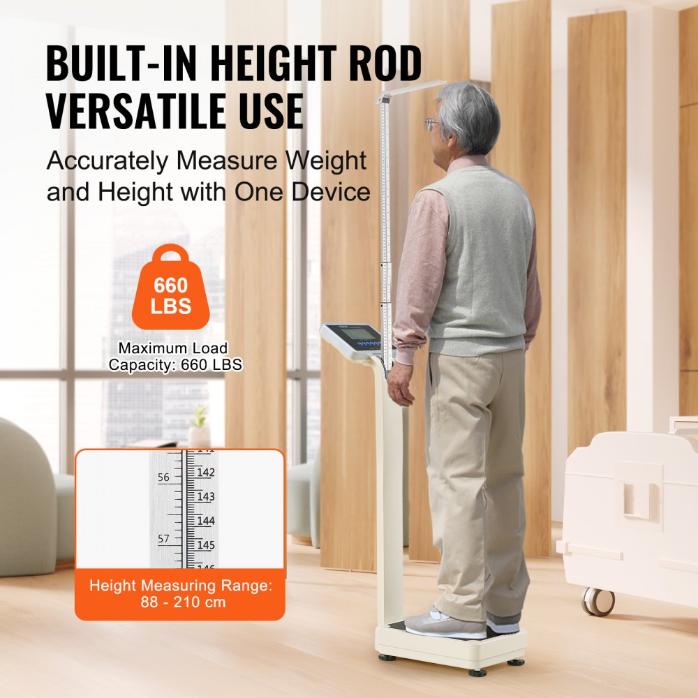 Báscula médica digital VEVOR, báscula médica profesional para peso y altura, báscula médica multifunción con tallímetro integrado, 2 unidades (kg/lb), IMC para gimnasios en casa, hospitales, capacidad de 660 lb