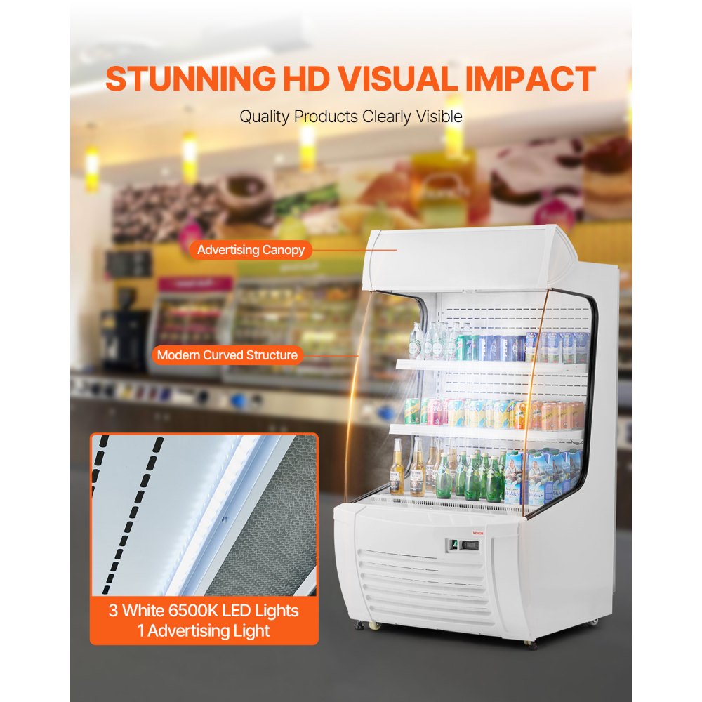 VEVOR Open Air Merchandiser, 2-Tier Shelving Commercial Refrigerator, Grab and Go Display Cooler Refrigerator with Air Curtain, LED Advertising Light, Fits for Restaurants, Stores, Office, 12.7cu.ft.