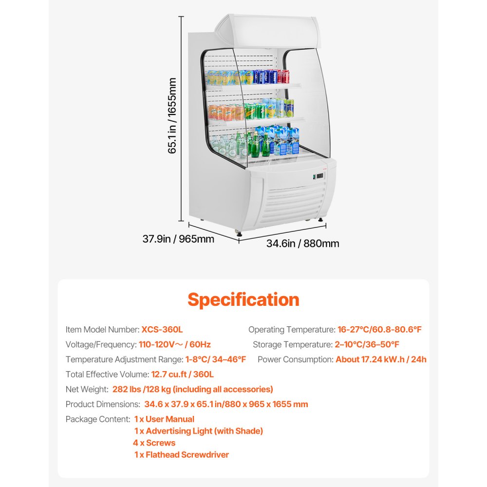 VEVOR Open Air Merchandiser, 2-Tier Shelving Commercial Refrigerator, Grab and Go Display Cooler Refrigerator with Air Curtain, LED Advertising Light, Fits for Restaurants, Stores, Office, 12.7cu.ft.