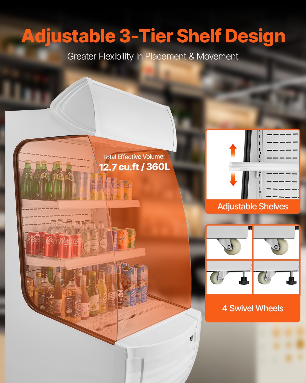 VEVOR Open Air Merchandiser, 2-Tier Shelving Commercial Refrigerator, Grab and Go Display Cooler Refrigerator with Air Curtain, LED Advertising Light, Fits for Restaurants, Stores, Office, 12.7cu.ft.