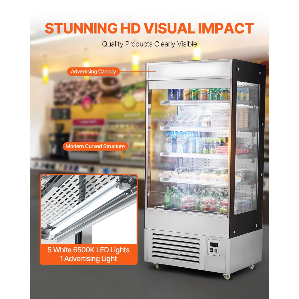 VEVOR Open Air Merchandiser, 4-Tier Shelving Commercial Refrigerator, Grab and Go Display Cooler Refrigerator with Air Curtain, LED Advertising Light, Fits for Restaurants, Stores, Office, 18.4cu.ft.