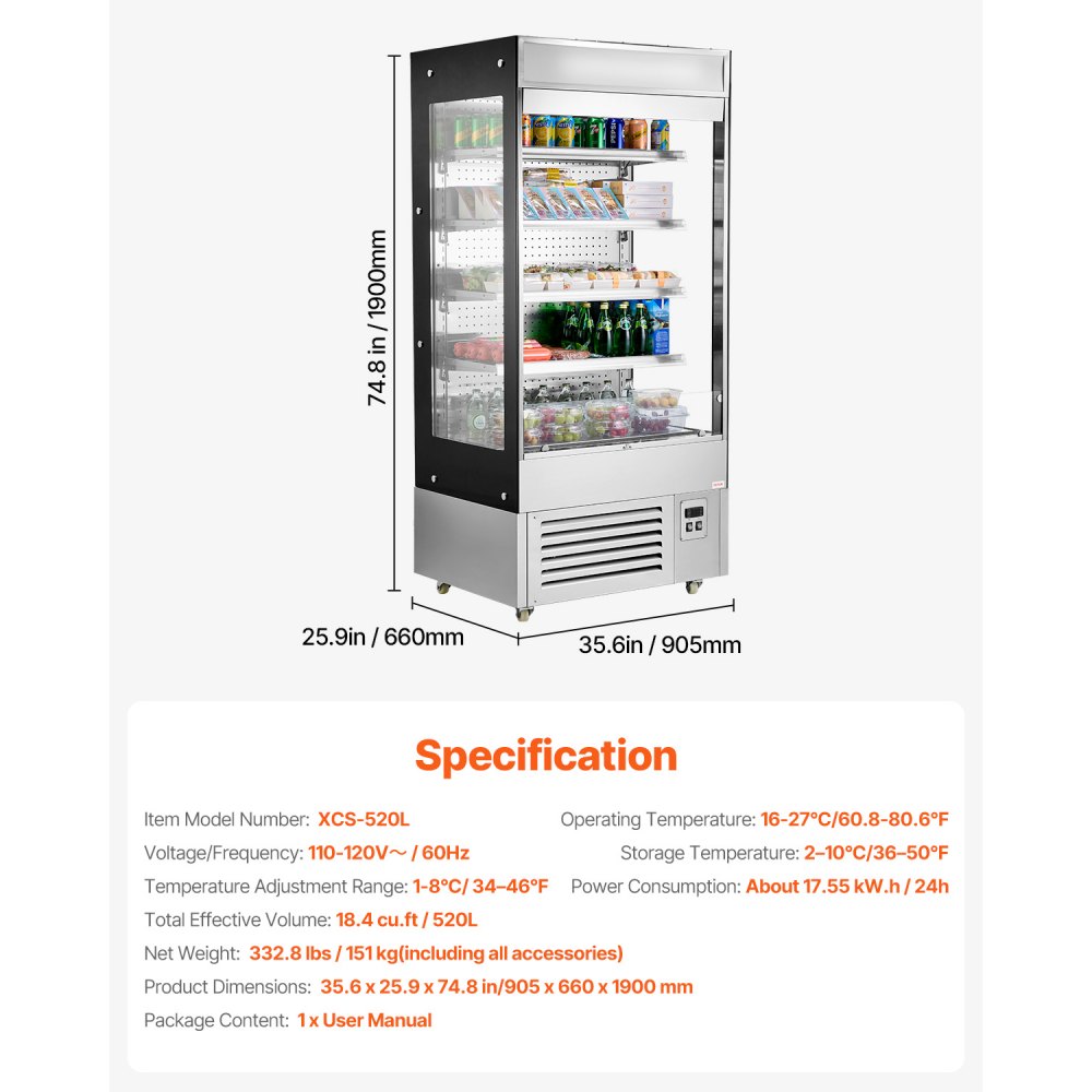 VEVOR Open Air Merchandiser, 4-Tier Shelving Commercial Refrigerator, Grab and Go Display Cooler Refrigerator with Air Curtain, LED Advertising Light, Fits for Restaurants, Stores, Office, 18.4cu.ft.