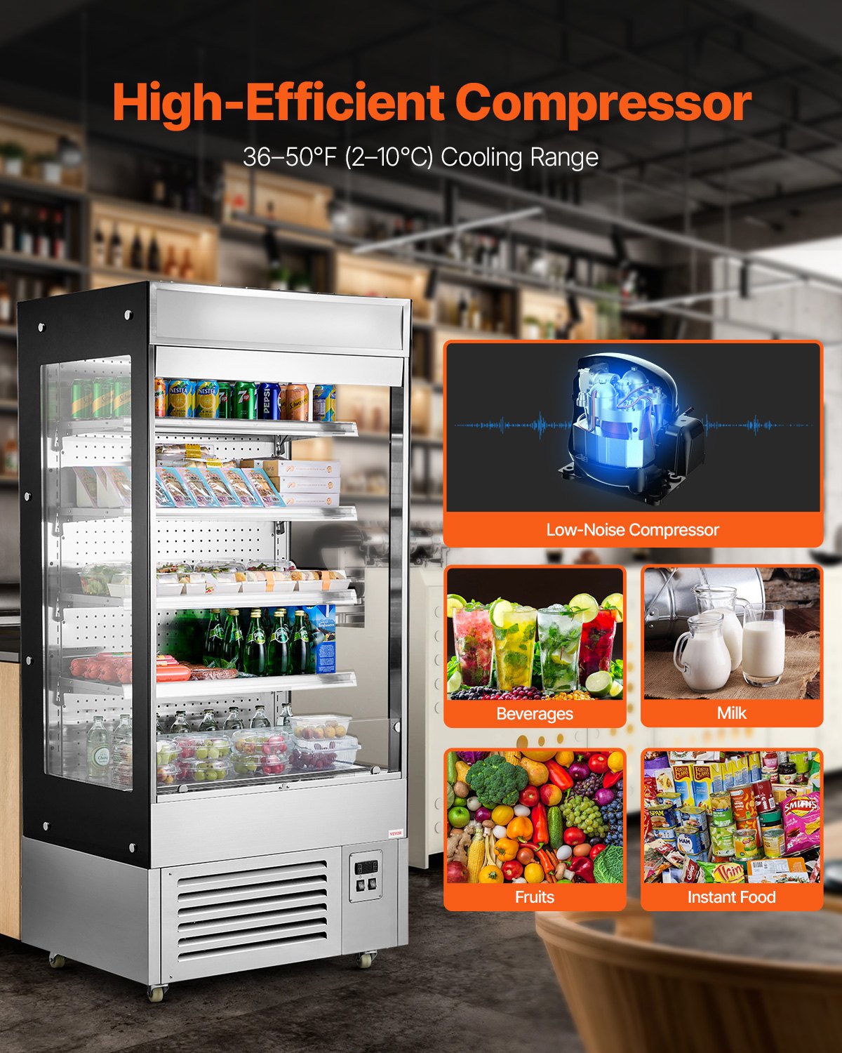 VEVOR Open Air Merchandiser, 4-Tier Shelving Commercial Refrigerator, Grab and Go Display Cooler Refrigerator with Air Curtain, LED Advertising Light, Fits for Restaurants, Stores, Office, 18.4cu.ft.