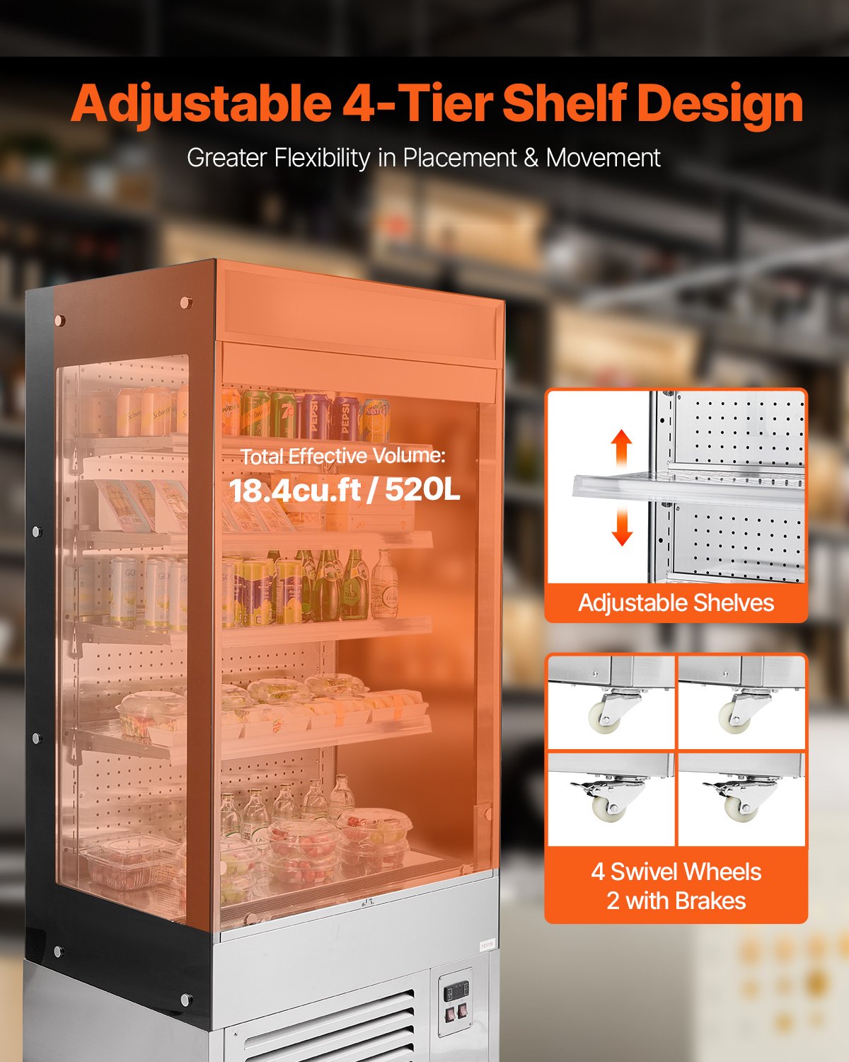 VEVOR Open Air Merchandiser, 4-Tier Shelving Commercial Refrigerator, Grab and Go Display Cooler Refrigerator with Air Curtain, LED Advertising Light, Fits for Restaurants, Stores, Office, 18.4cu.ft.