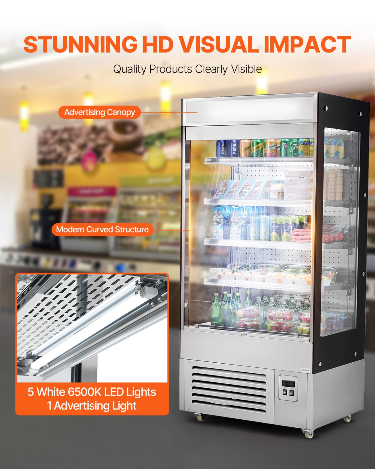 VEVOR Open Air Merchandiser, 4-Tier Shelving Commercial Refrigerator, Grab and Go Display Cooler Refrigerator with Air Curtain, LED Advertising Light, Fits for Restaurants, Stores, Office, 18.4cu.ft.