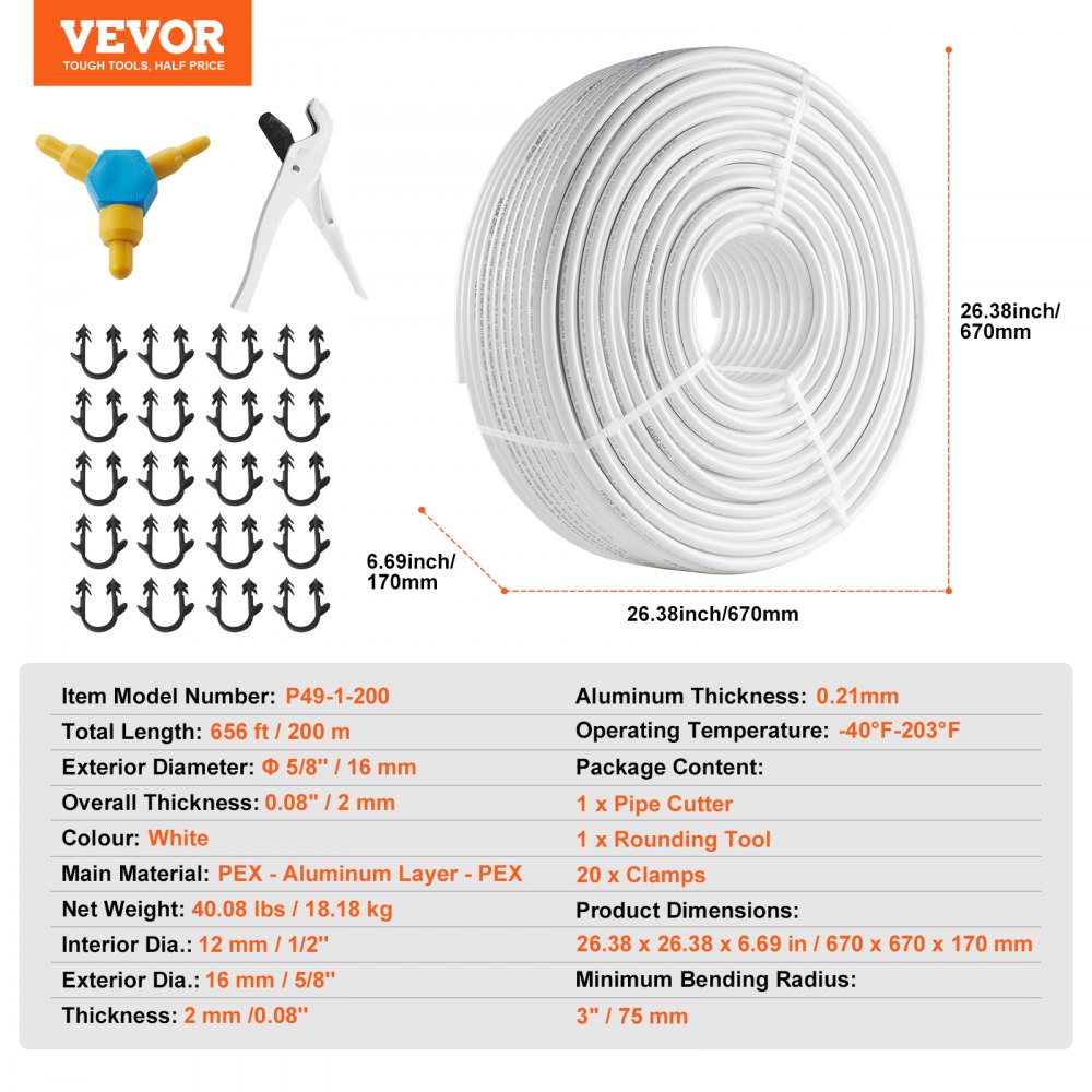 VEVOR PEX-AL-PEX Tube, 200 m, 16 mm Diameter Aluminum-Plastic Composite Pipe Oxygen Barrier Radiant Floor PEX Pipe, 2 mm Thickness Radiant Heat Floor Plumbing Inner Aluminum Layer PEX Tubing Pipe