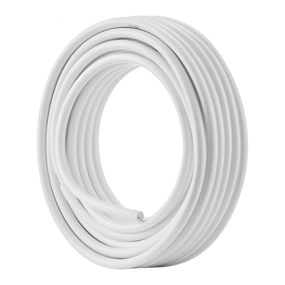 white coil of VEVOR pex-al-pex tubing, neatly bound with white straps, text printed along the length.