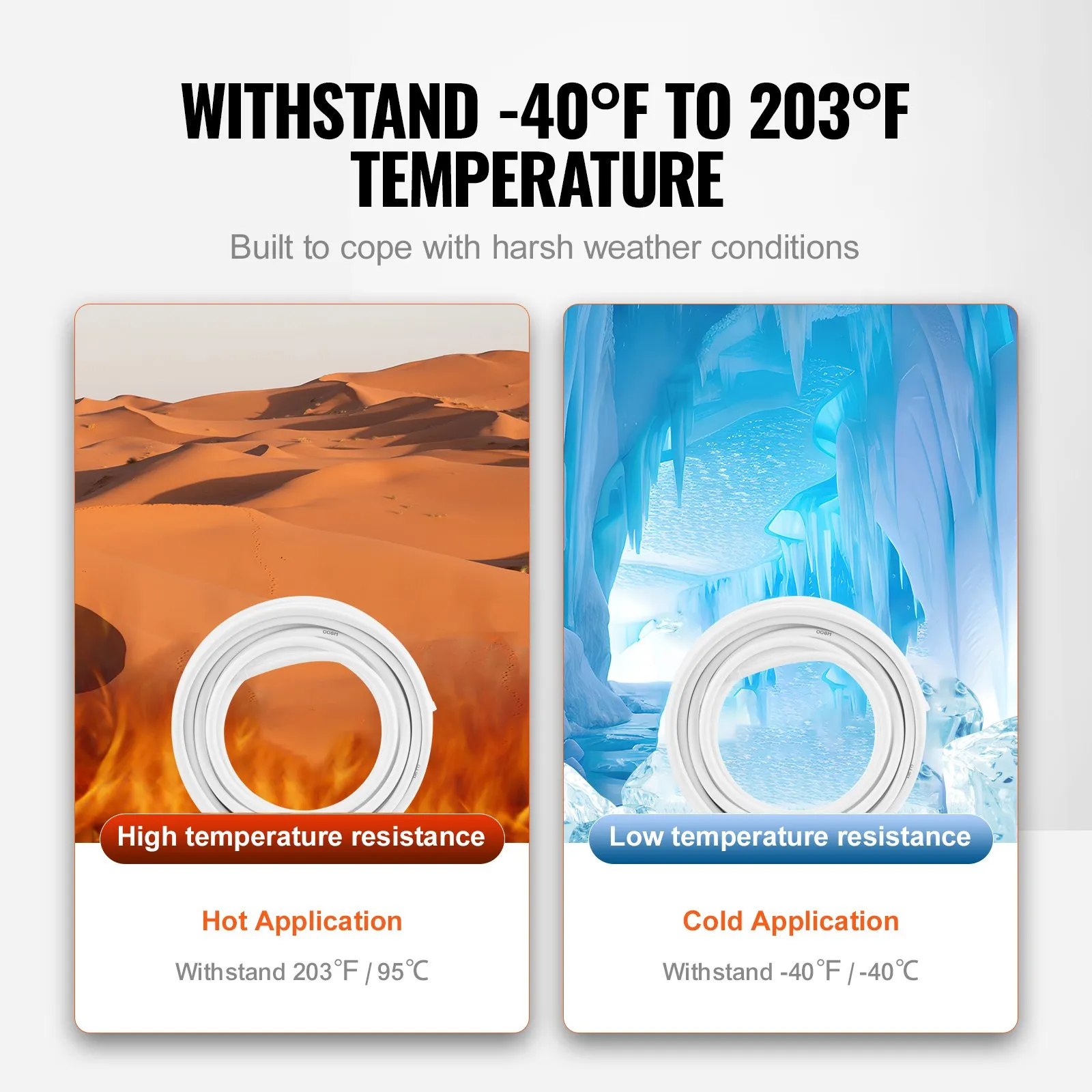 VEVOR pex-al-pex tubing for hot and cold applications, withstanding -40°f to 203°f temperatures.