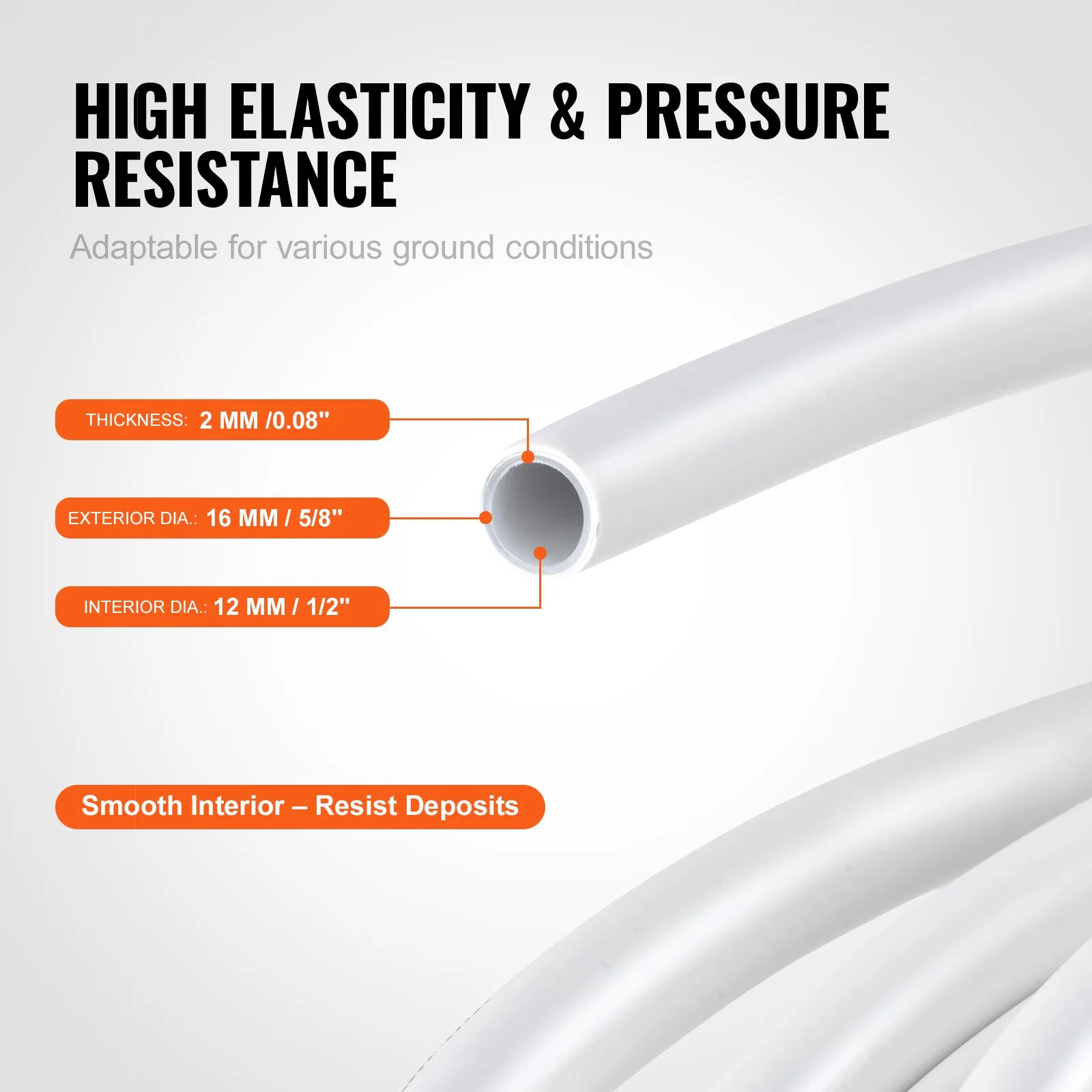 VEVOR pex-al-pex tubing with high elasticity, pressure resistance, smooth interior, and dimensions.