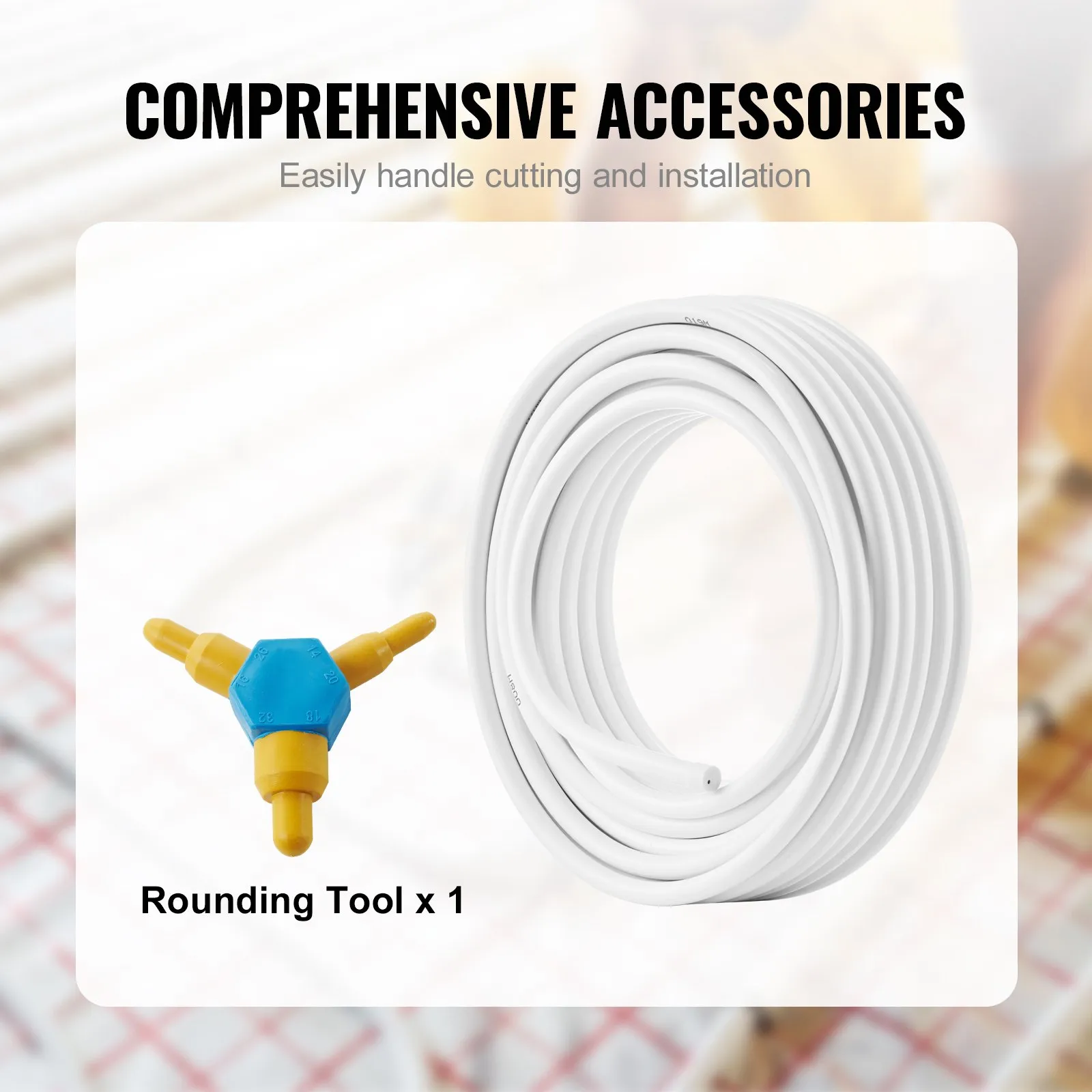 VEVOR pex-al-pex tubing with rounding tool, comprehensive accessories for easy cutting and installation.