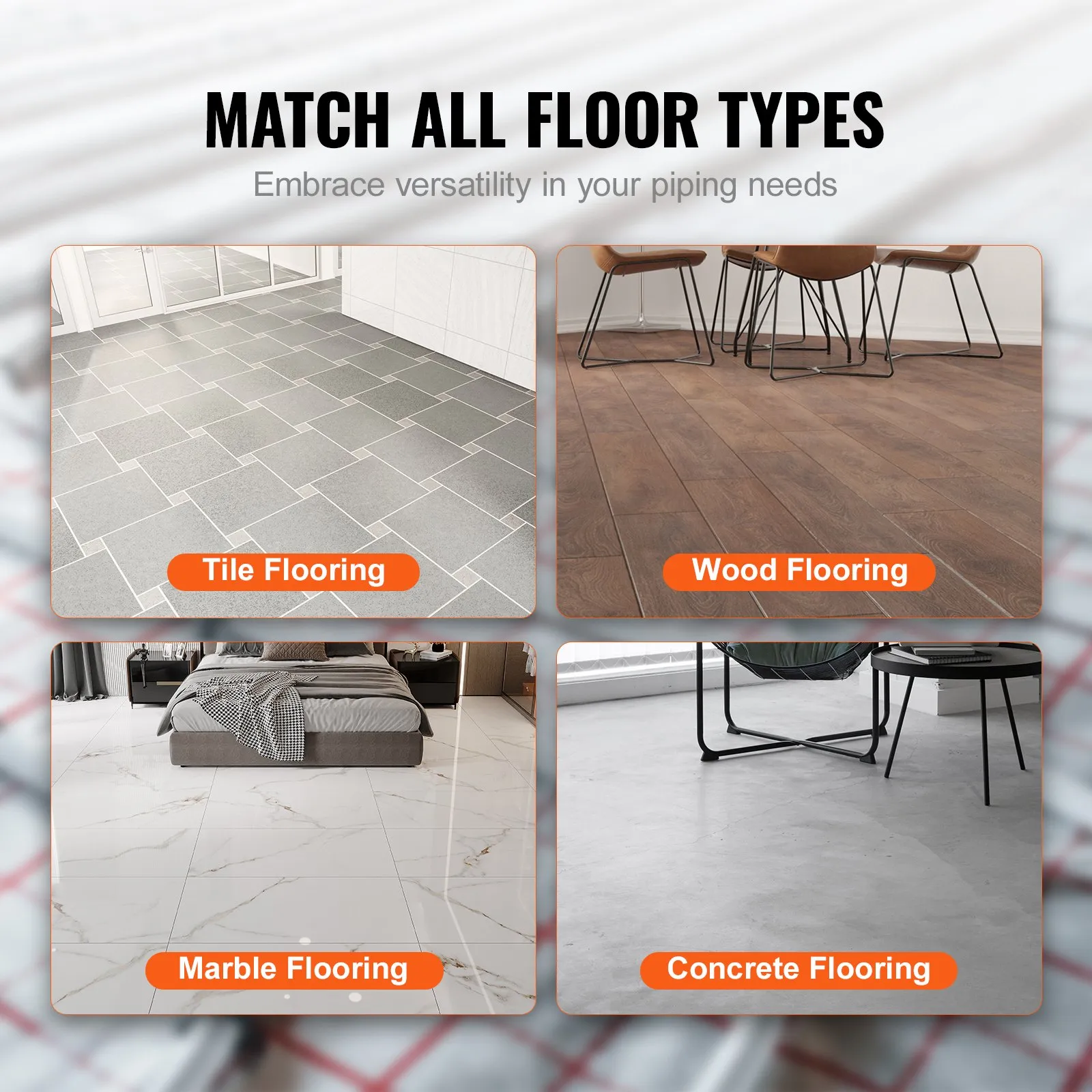 VEVOR pex-al-pex tubing matches tile, wood, marble, and concrete flooring for versatile piping.