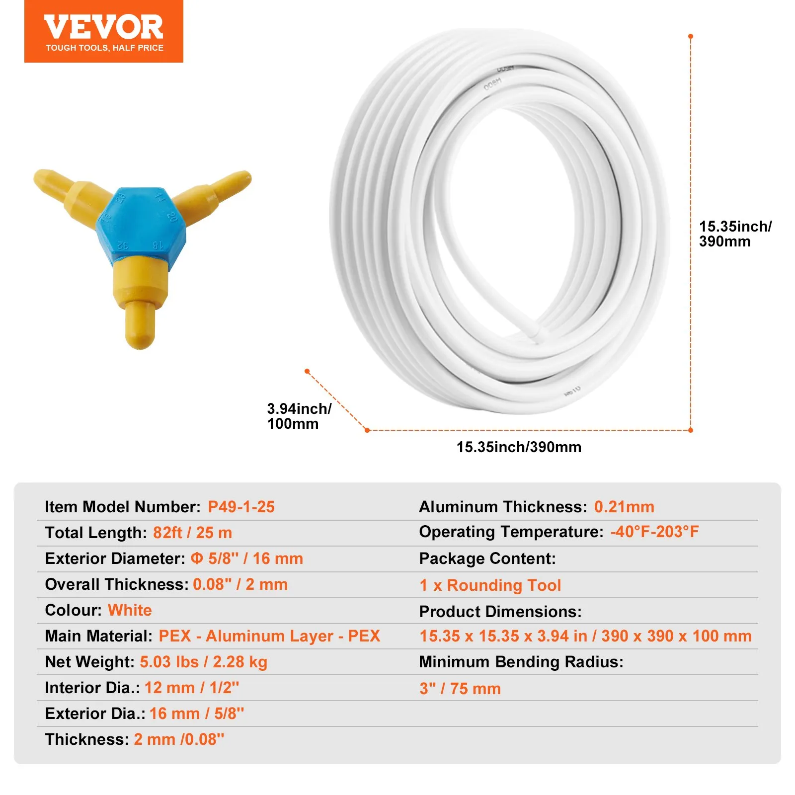 VEVOR pex-al-pex tubing 82ft, 3-way splitter, and product dimensions featured.