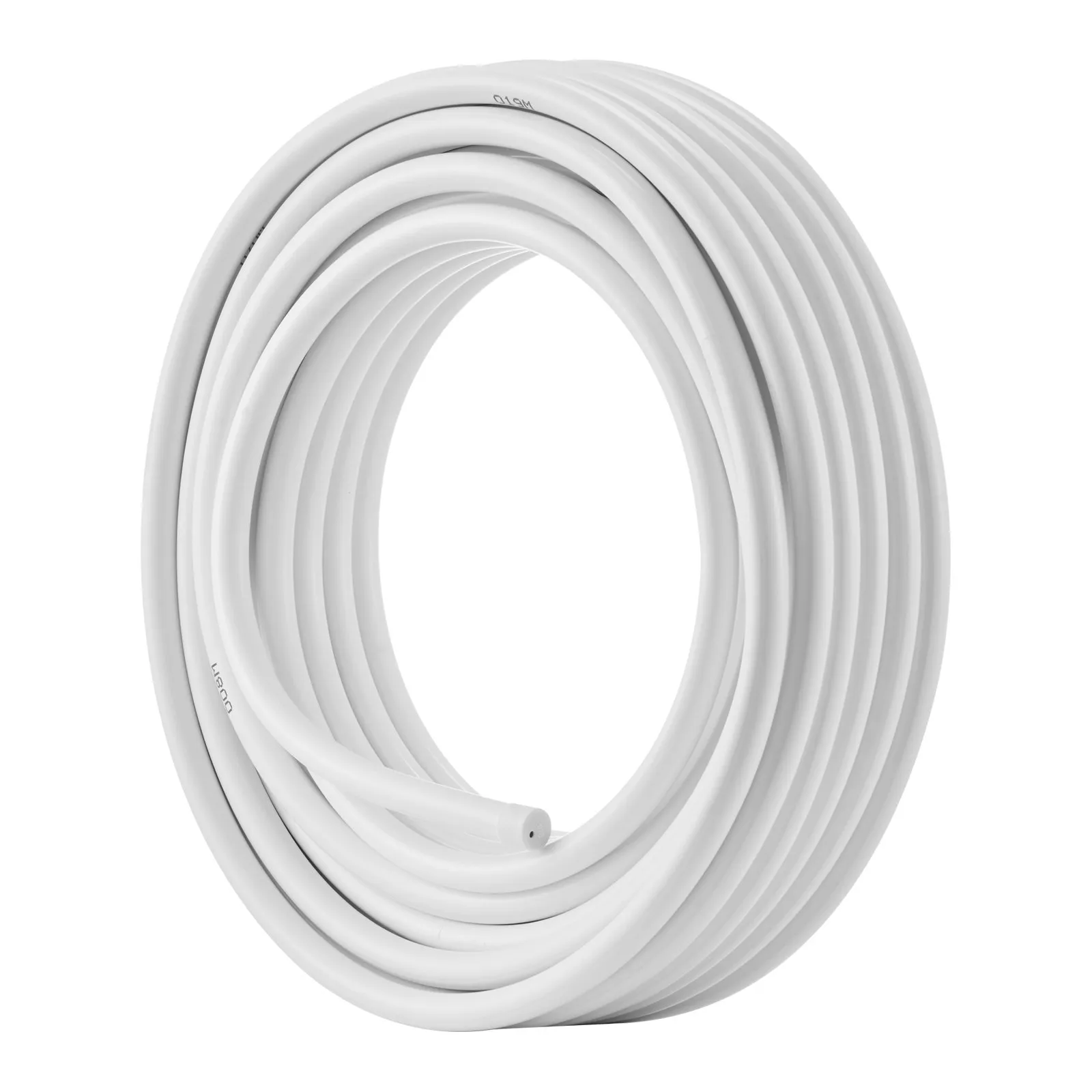 white coil of VEVOR pex-al-pex tubing, neatly bound with white straps, text printed along the length.