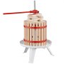 VEVOR fruit wine press with wooden slats, red metal bands, and a sturdy white base.