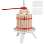 VEVOR fruit wine press with wooden slats, red metal bands, and two included mesh bags.