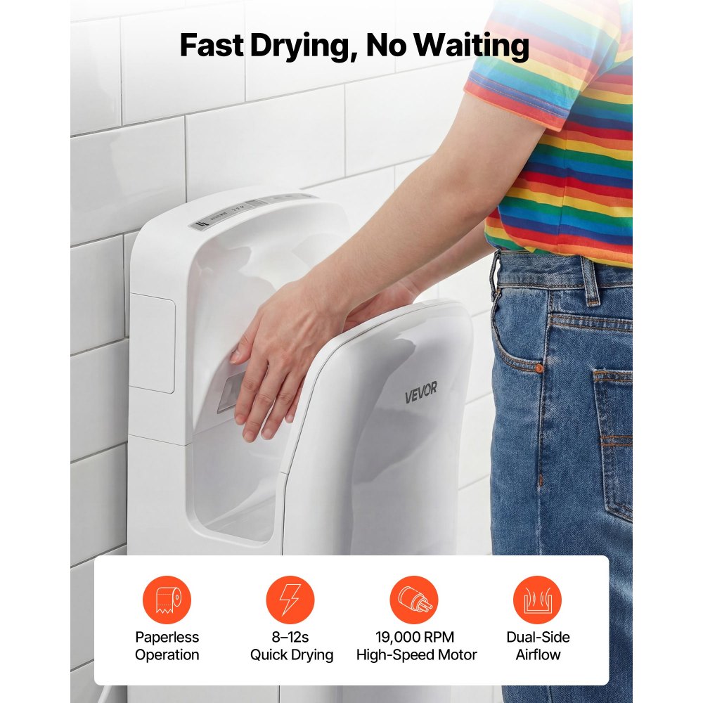VEVOR Vertical Hand Dryer, Hand Dryers with HEPA Filter, 19000 RPM High-Speed Motor, Dual-Side Airflow, ABS Sturdy Automatic Air Wall Mount Fast Drying for Commercial Bathrooms Modern Home, White