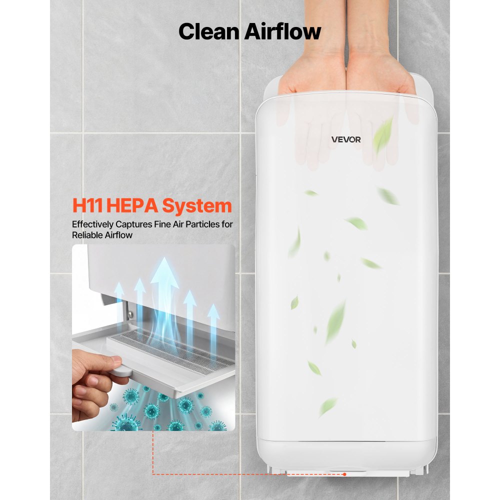 VEVOR Vertical Hand Dryer, Hand Dryers with HEPA Filter, 19000 RPM High-Speed Motor, Dual-Side Airflow, ABS Sturdy Automatic Air Wall Mount Fast Drying for Commercial Bathrooms Modern Home, White