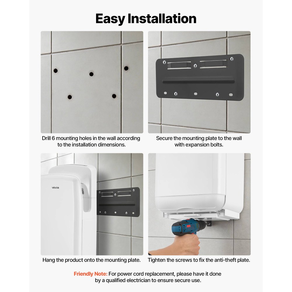 VEVOR Vertical Hand Dryer, Hand Dryers with HEPA Filter, 19000 RPM High-Speed Motor, Dual-Side Airflow, ABS Sturdy Automatic Air Wall Mount Fast Drying for Commercial Bathrooms Modern Home, White