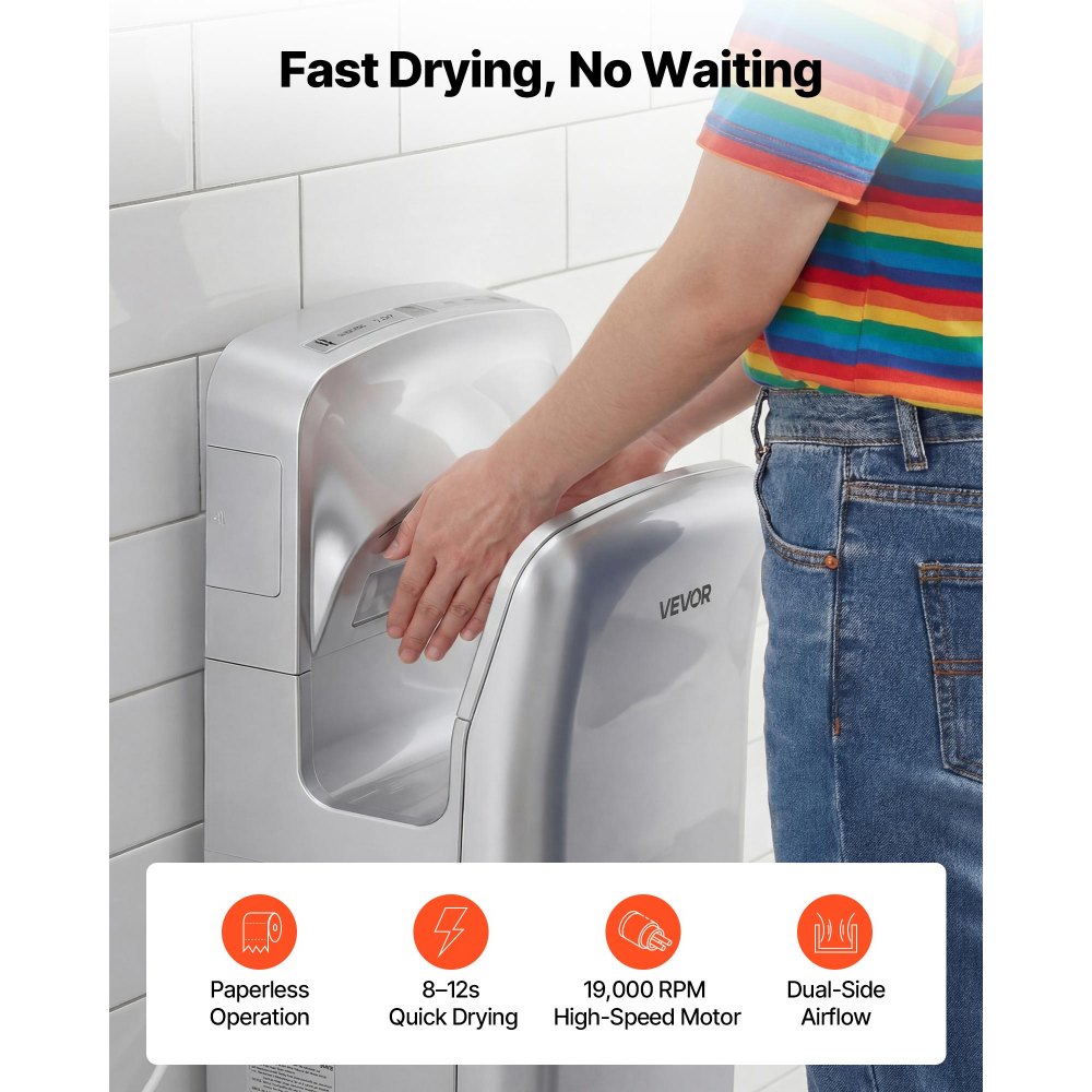 VEVOR Vertical Hand Dryer, Hand Dryers with HEPA Filter, 19000 RPM High-Speed Motor, Dual-Side Airflow, ABS Sturdy Automatic Air Wall Mount Fast Drying for Commercial Bathrooms Modern Home, Silver