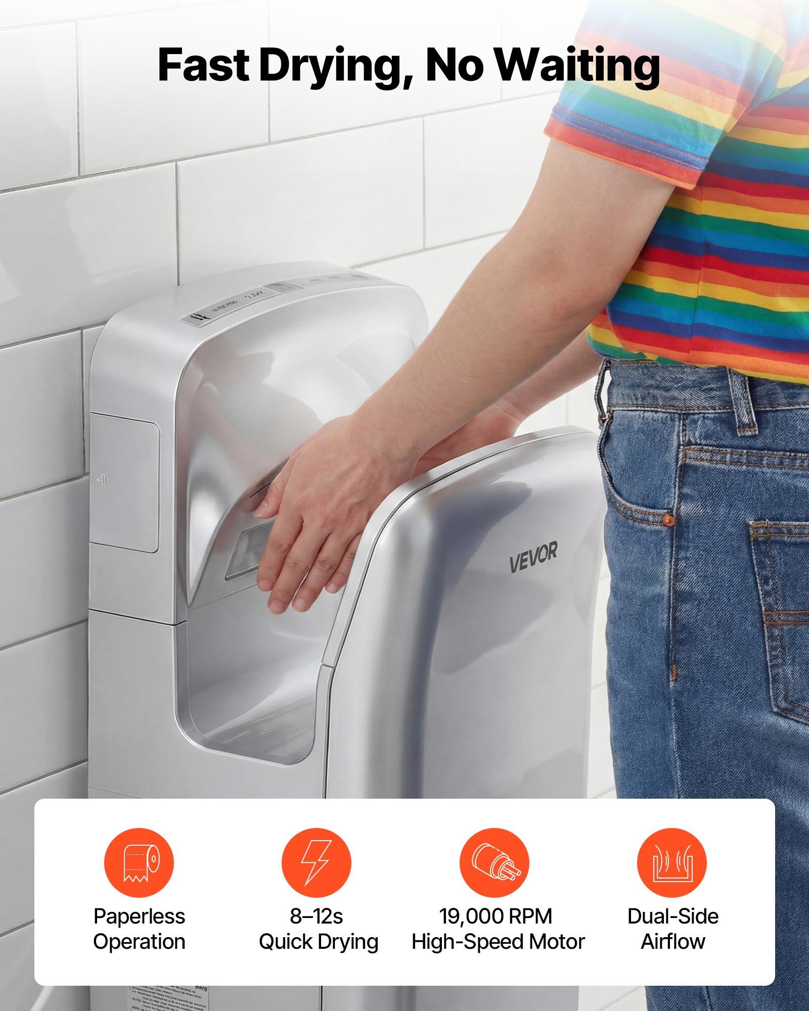 VEVOR Vertical Hand Dryer, Hand Dryers with HEPA Filter, 19000 RPM High-Speed Motor, Dual-Side Airflow, ABS Sturdy Automatic Air Wall Mount Fast Drying for Commercial Bathrooms Modern Home, Silver