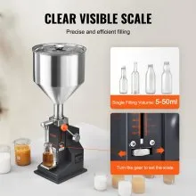 VEVOR Manual Paste Liquid Filling Machine, 5-50ml Bottle Filler, Adjustable Bottle Filling Machine, Stainless Steel Liquid Filler with Hopper for Milk Water Juice Essential Oil Shampoo Cosmetic Honey