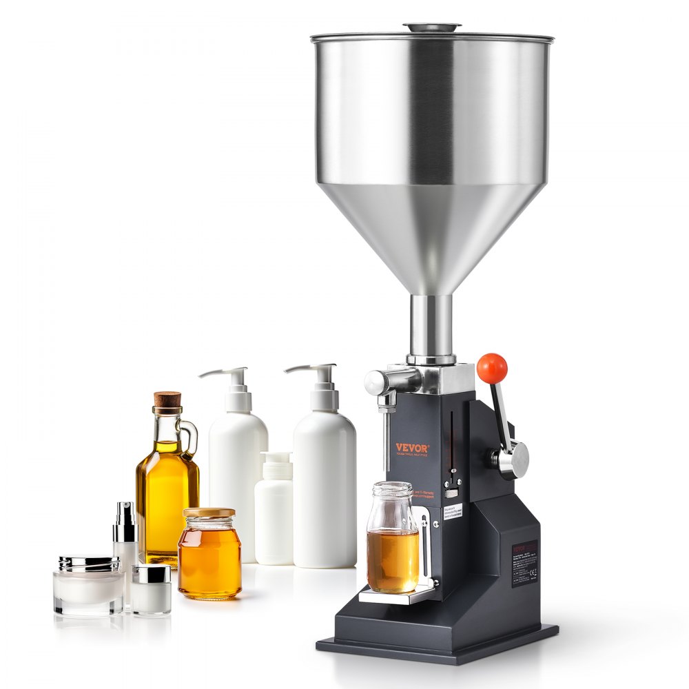 VEVOR Manuální stroj na plnění pasty, 5-100 ml lahví, nastavitelný stroj na plnění lahví, Nerezová ocel, plnička tekutiny s násypkou pro mléčnou vodu Šťáva šampon s esenciálním olejem Kosmetický med