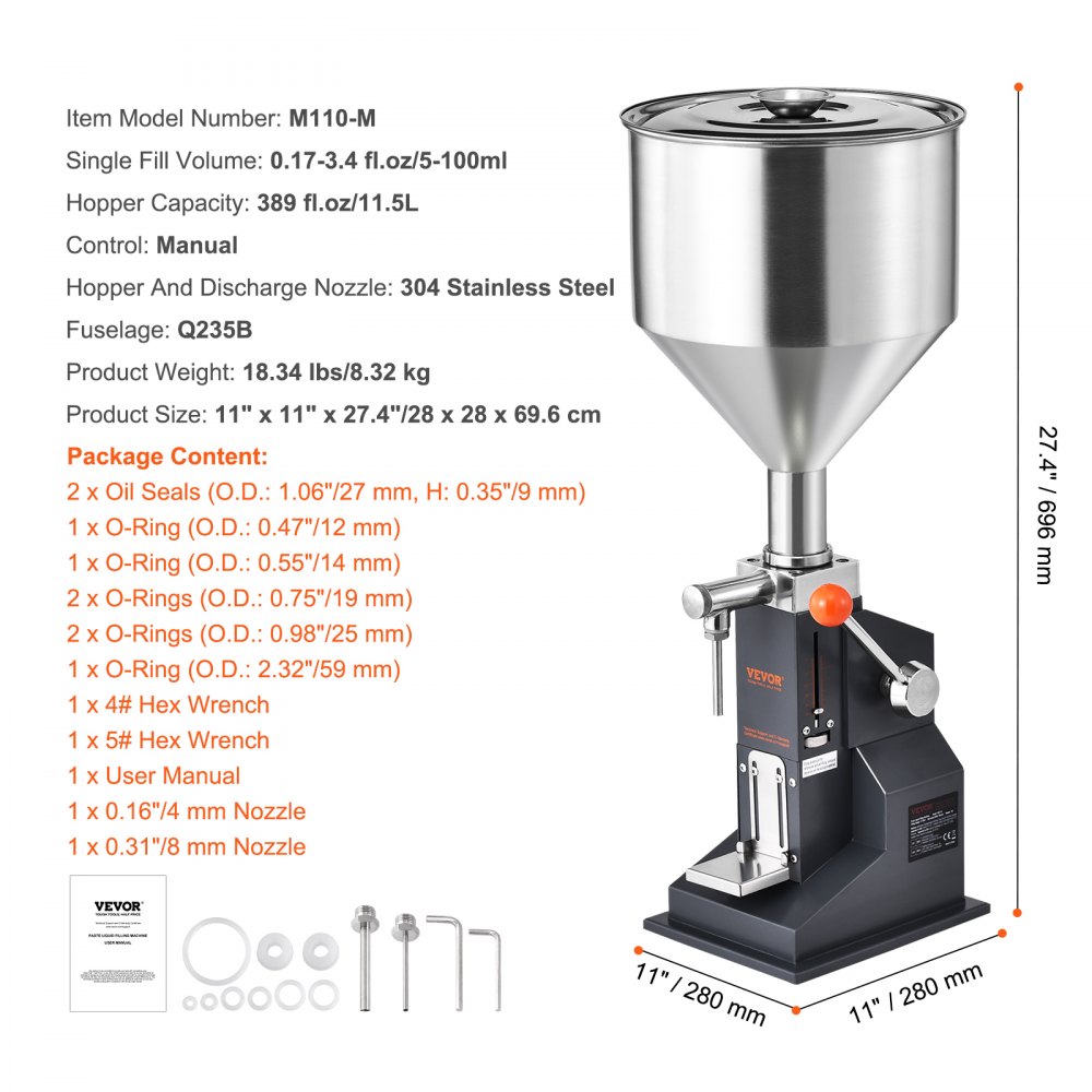 VEVOR Manual Paste Liquid Filling Machine, 5-100ml Bottle Filler, Adjustable Bottle Filling Machine, Stainless Steel Liquid Filler with Hopper for Milk Water Juice Shampoo Honey