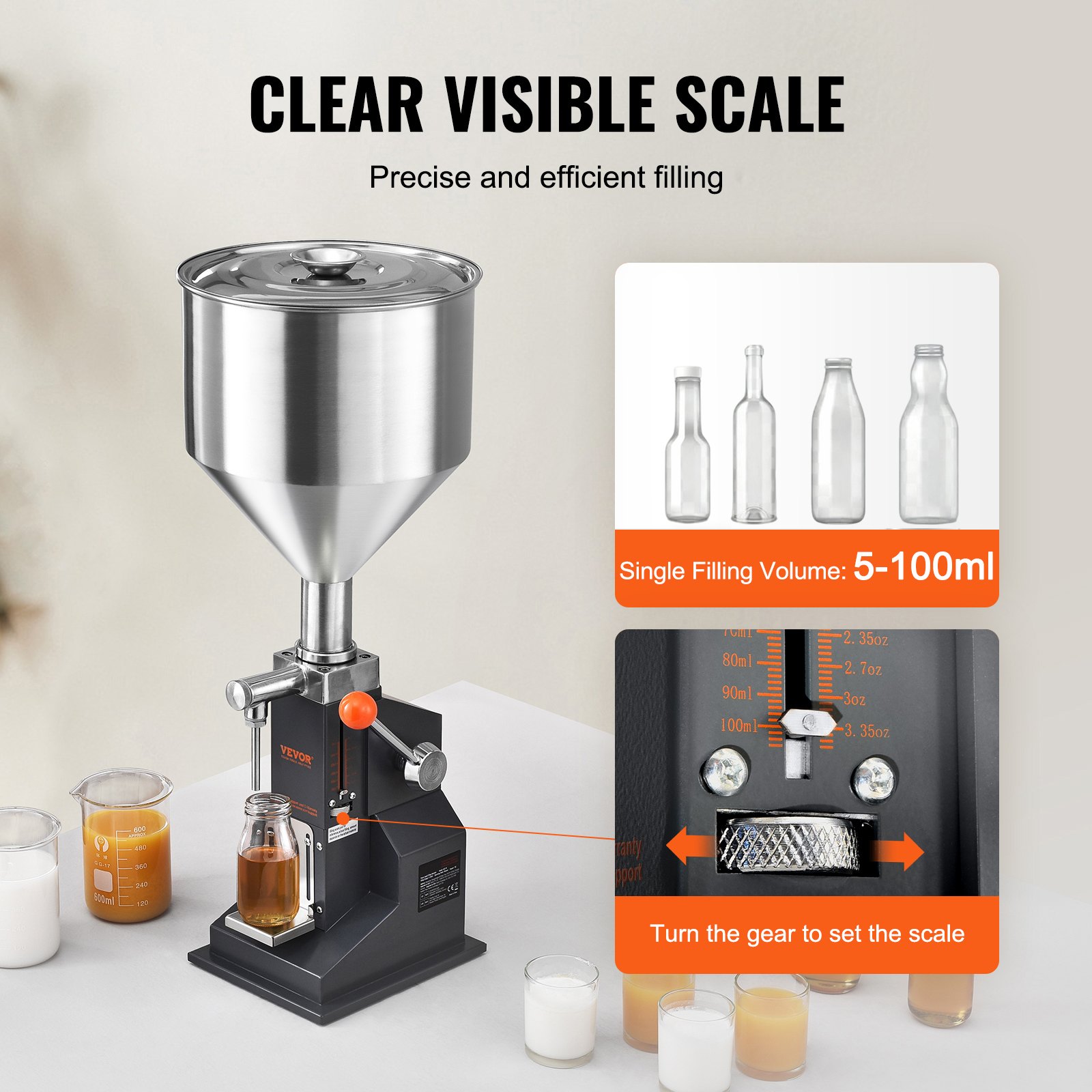 VEVOR Manual Paste Liquid Filling Machine, 5-100ml Bottle Filler, Adjustable Bottle Filling Machine, Stainless Steel Liquid Filler with Hopper for Milk Water Juice Shampoo Honey