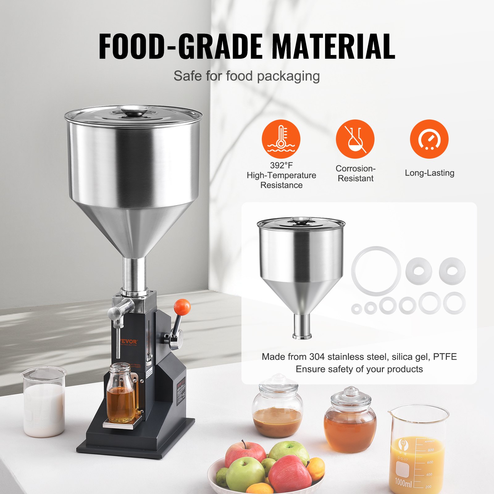 VEVOR Manual Paste Liquid Filling Machine, 5-100ml Bottle Filler, Adjustable Bottle Filling Machine, Stainless Steel Liquid Filler with Hopper for Milk Water Juice Shampoo Honey