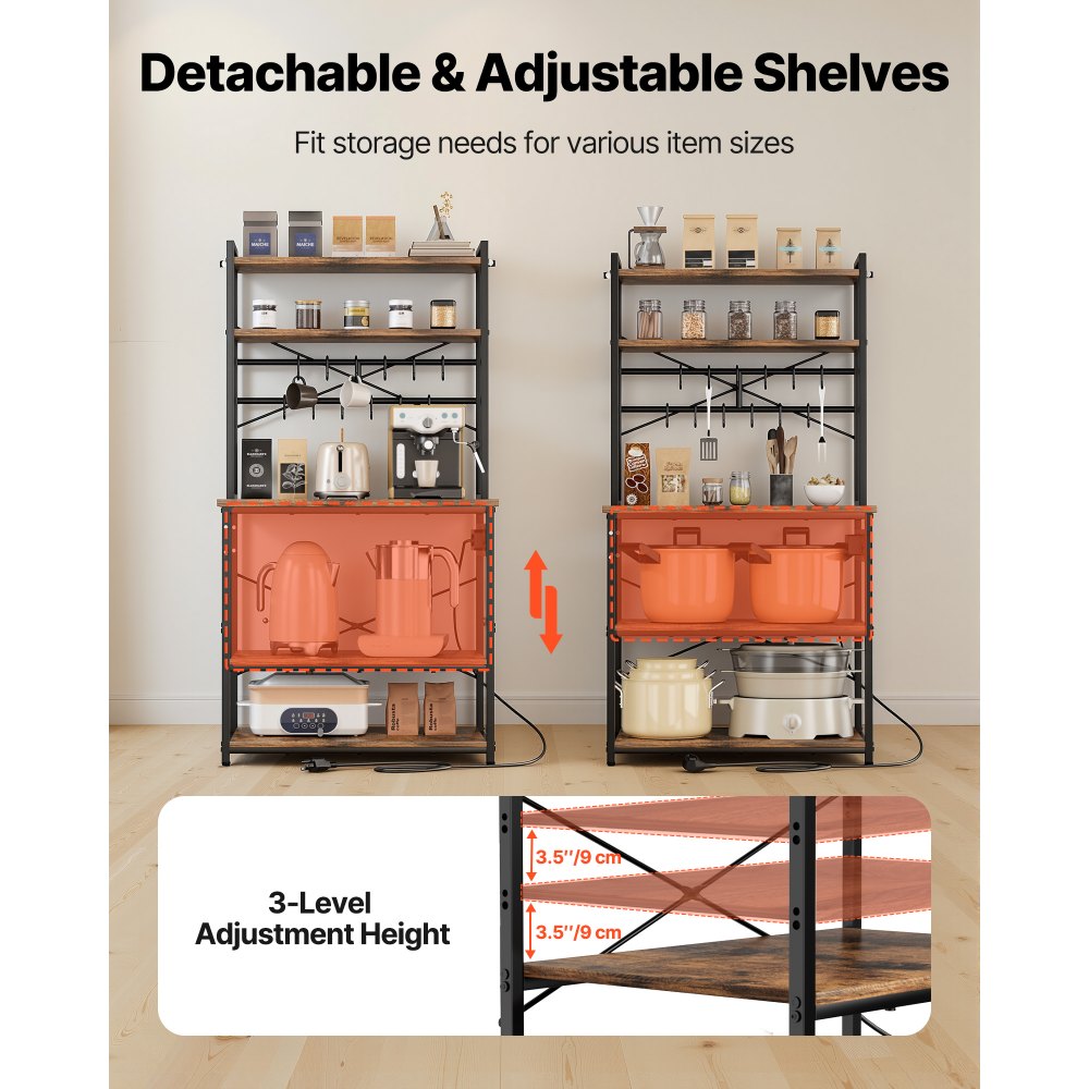VEVOR Kitchen Bakers Rack, 1.5m Power Cable Bakers Rack with Power Outlet, Kitchen Stand with X-Shaped Support Bar, 12 S-Shaped Hooks, Coffee Bar Stand for Dishes, Spice Bottles, Built-In Power Strip
