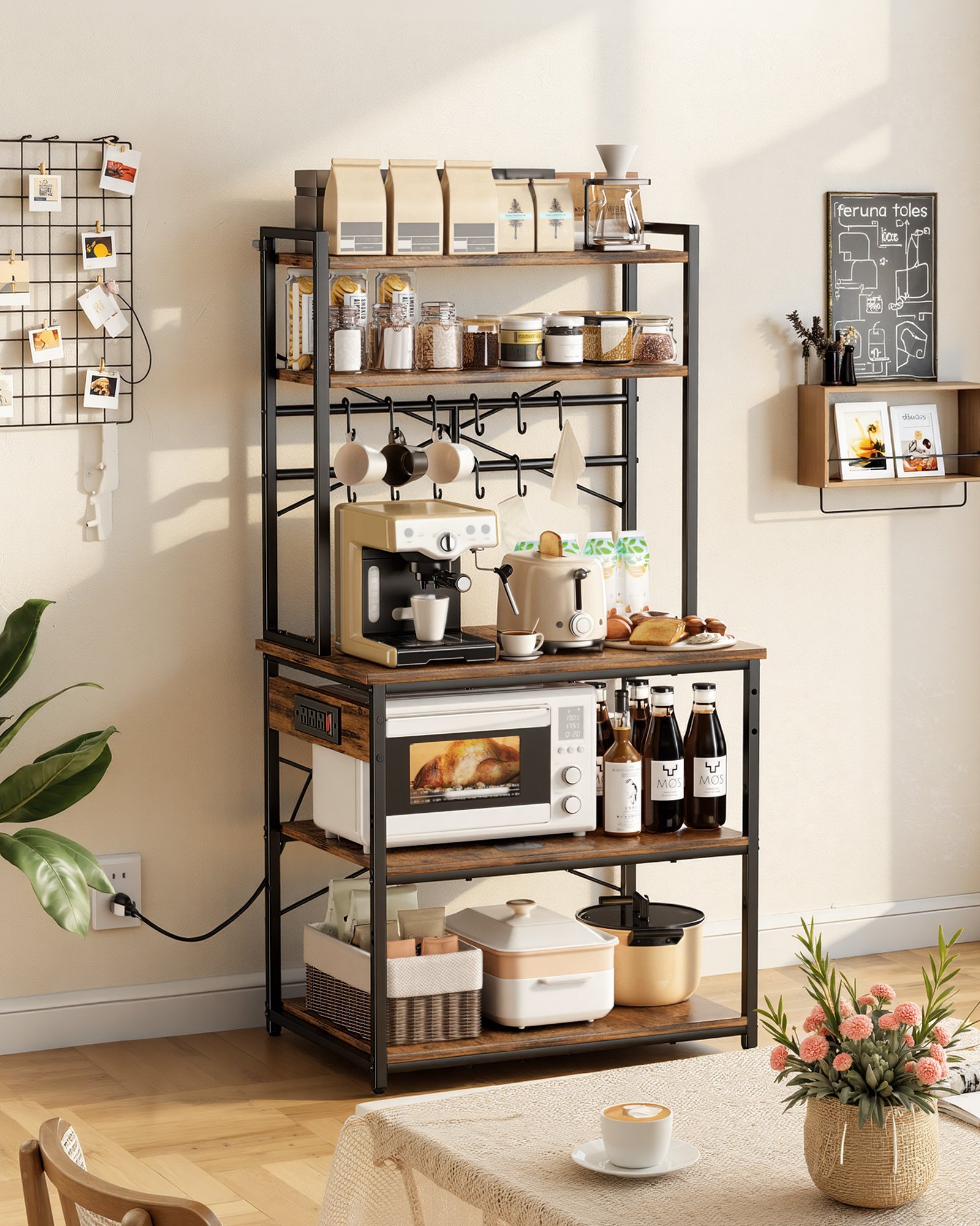 VEVOR Kitchen Bakers Rack, 1.5m Power Cable Bakers Rack with Power Outlet, Kitchen Stand with X-Shaped Support Bar, 12 S-Shaped Hooks, Coffee Bar Stand for Dishes, Spice Bottles, Built-In Power Strip