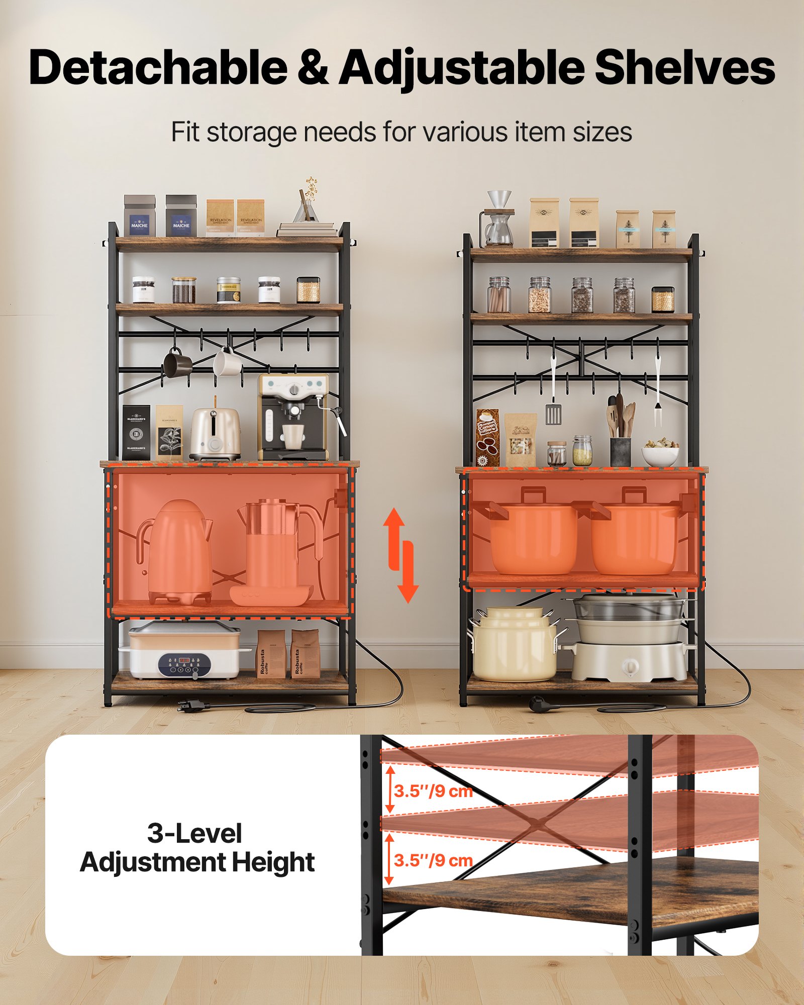 VEVOR Kitchen Bakers Rack, 1.5m Power Cable Bakers Rack with Power Outlet, Kitchen Stand with X-Shaped Support Bar, 12 S-Shaped Hooks, Coffee Bar Stand for Dishes, Spice Bottles, Built-In Power Strip