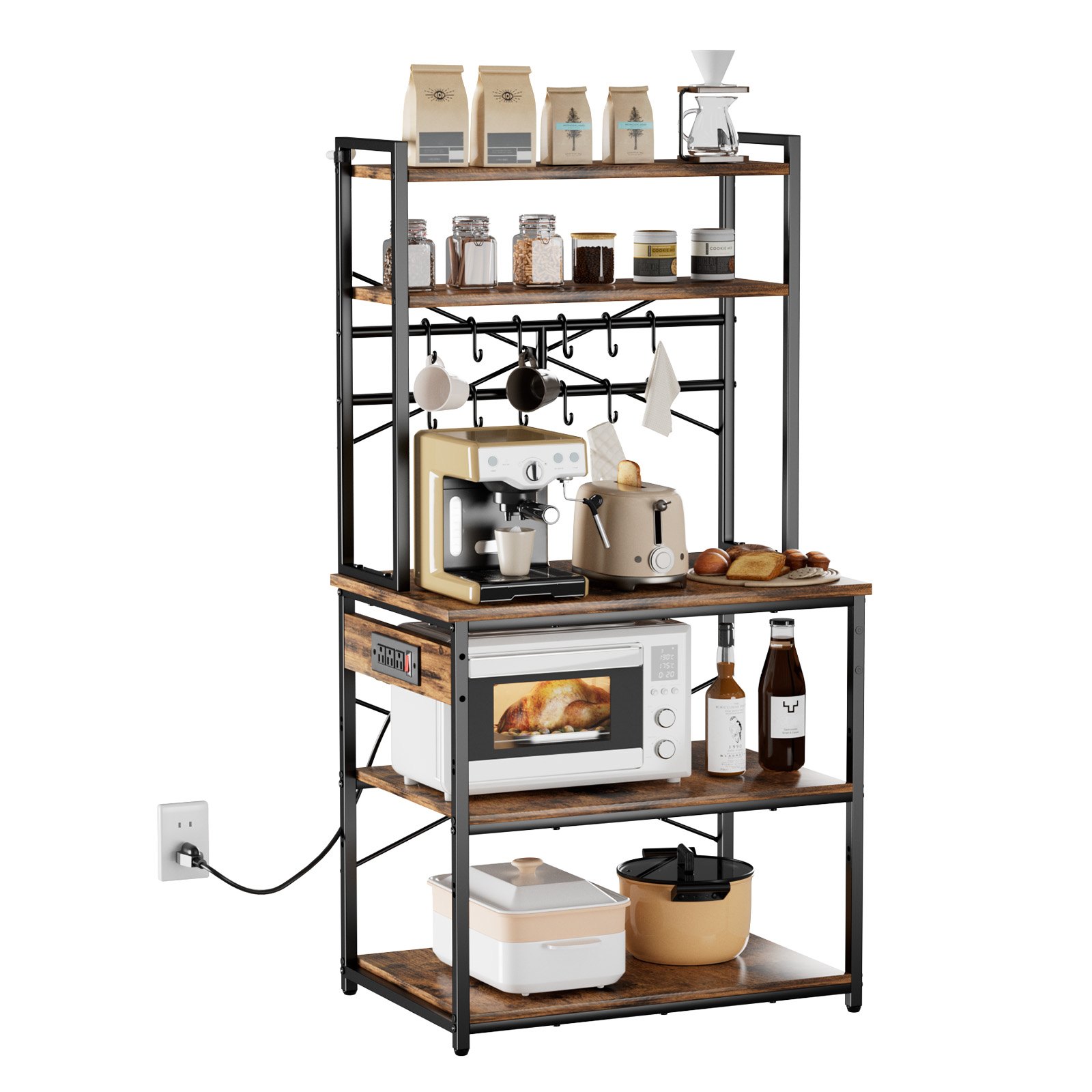 VEVOR Kitchen Bakers Rack, 1.5m Power Cable Bakers Rack with Power Outlet, Kitchen Stand with X-Shaped Support Bar, 12 S-Shaped Hooks, Coffee Bar Stand for Dishes, Spice Bottles, Built-In Power Strip