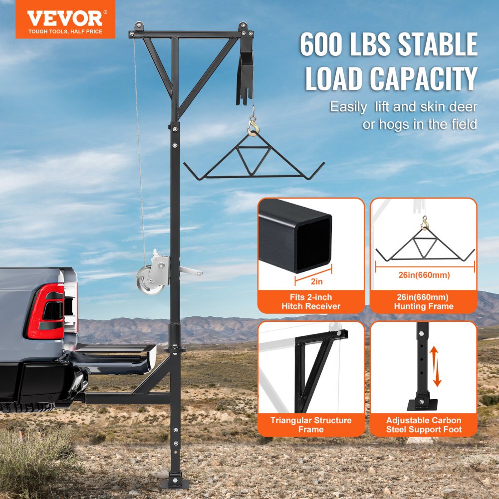 VEVOR Truck Hitch Game Hunting Hoist, 600 lbs Load Capacity, Hitch Mounted Deer Hoist with Winch Lift Gambrel Set, 2" Hitch Receiver, Foot Base, Adjustable Height & 360 Degrees Swivel, Carbon Steel