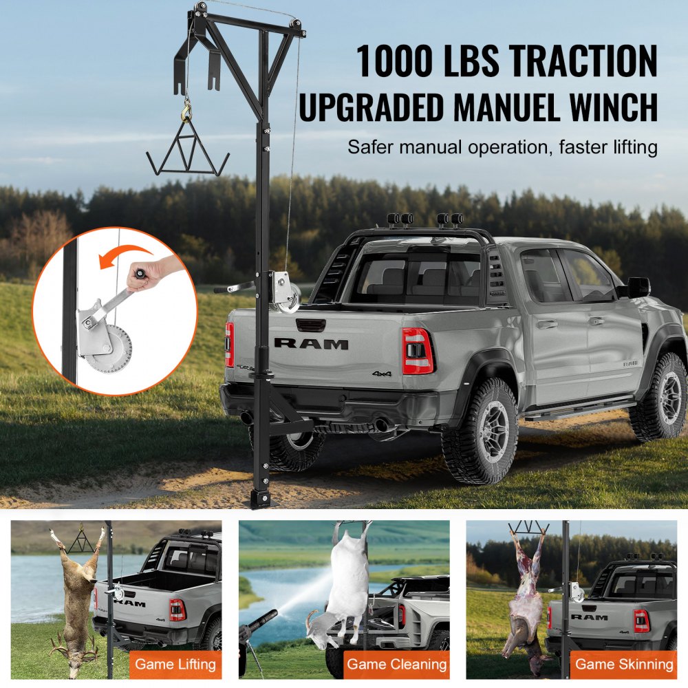 VEVOR Truck Hitch Game Hunting Hoist, 600 lbs Load Capacity, Hitch Mounted Deer Hoist with Winch Lift Gambrel Set, 2" Hitch Receiver, Foot Base, Adjustable Height & 360 Degrees Swivel, Carbon Steel