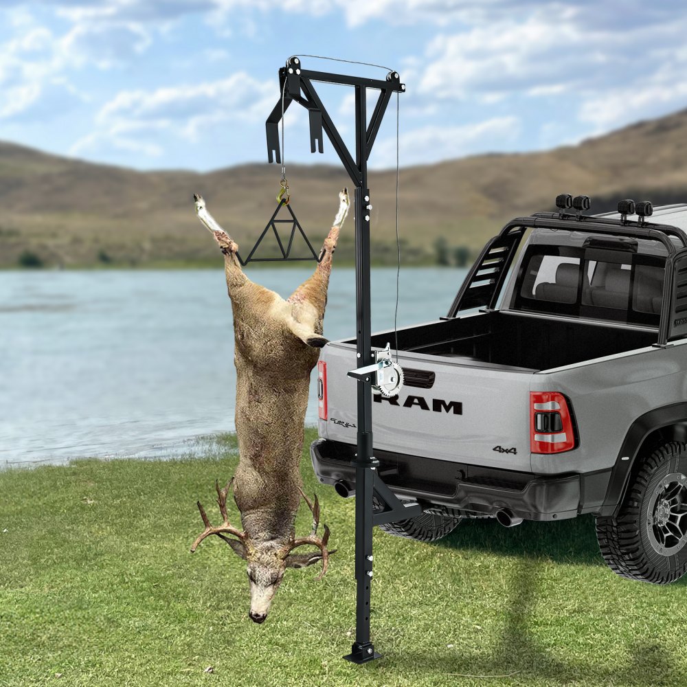 VEVOR Truck Hitch Game Hunting Hoist, 600 lbs Load Capacity, Hitch Mounted Deer Hoist with Winch Lift Gambrel Set, 2" Hitch Receiver, Foot Base, Adjustable Height & 360 Degrees Swivel, Carbon Steel