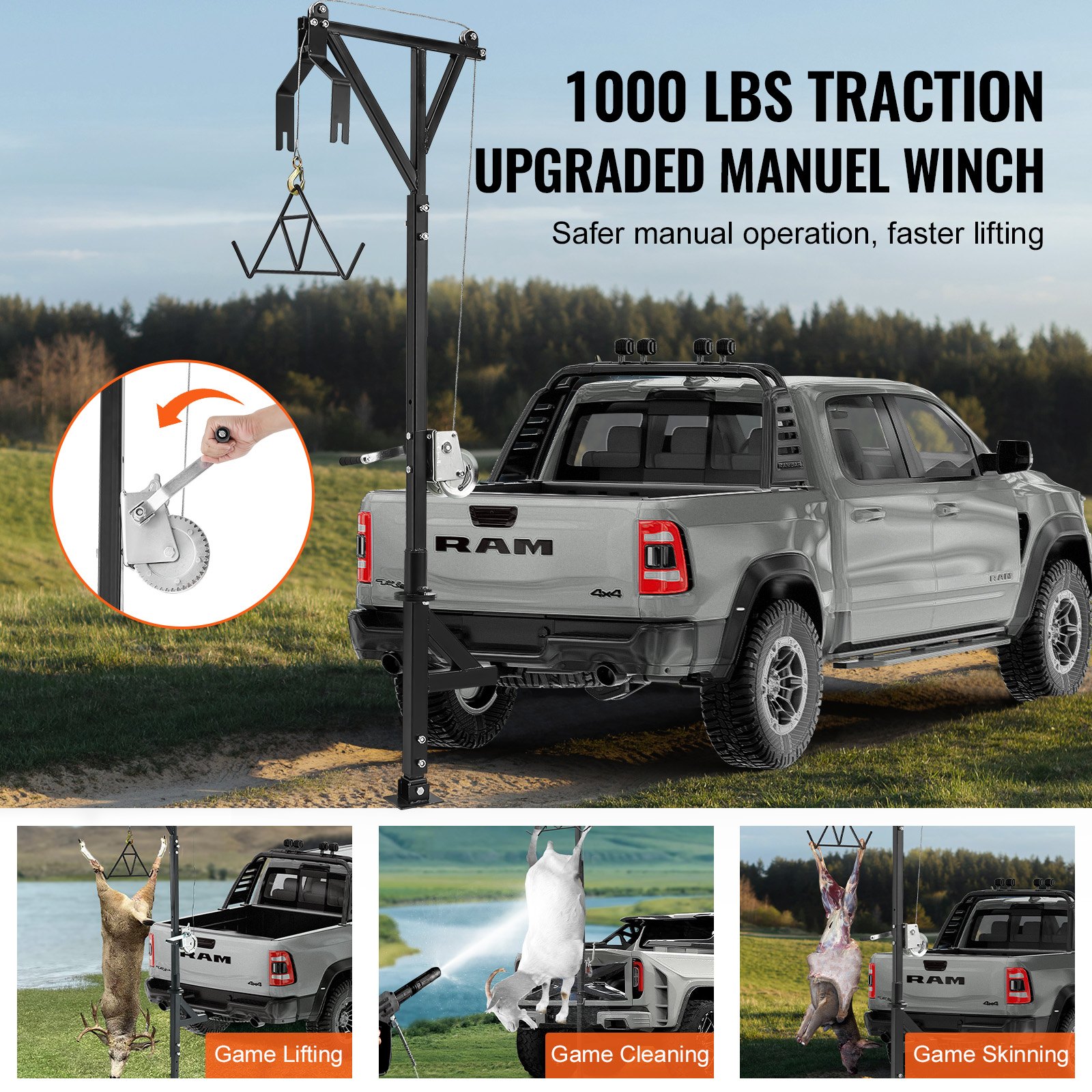 VEVOR Truck Hitch Game Hunting Hoist, 600 lbs Load Capacity, Hitch Mounted Deer Hoist with Winch Lift Gambrel Set, 2" Hitch Receiver, Foot Base, Adjustable Height & 360 Degrees Swivel, Carbon Steel