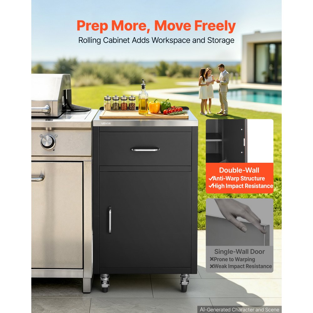 VEVOR Outdoor Prep Cabinet, 50.8 x 94.2 x 58.5 cm (WxHxD), 304 Steel Top, for BBQ Island Storage, Patio Bars and Grill Station, with Handle, Built-In BBQ Island Drawers Organize Cookware Accessories