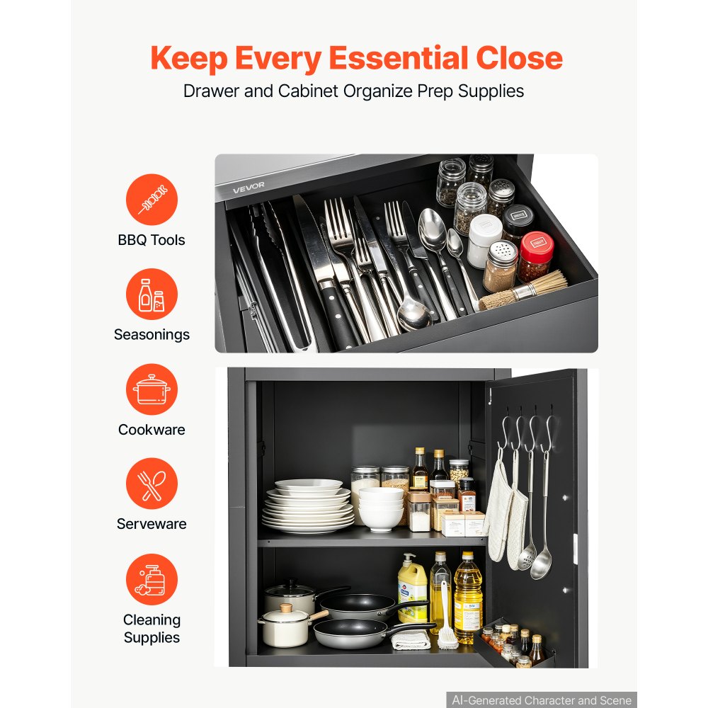 VEVOR Outdoor Prep Cabinet, 50.8 x 94.2 x 58.5 cm (WxHxD), 304 Steel Top, for BBQ Island Storage, Patio Bars and Grill Station, with Handle, Built-In BBQ Island Drawers Organize Cookware Accessories