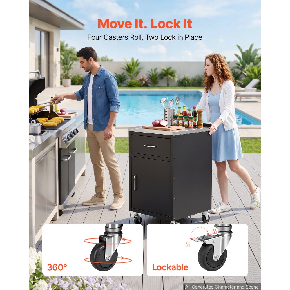 VEVOR Outdoor Prep Cabinet, 50.8 x 94.2 x 58.5 cm (WxHxD), 304 Steel Top, for BBQ Island Storage, Patio Bars and Grill Station, with Handle, Built-In BBQ Island Drawers Organize Cookware Accessories