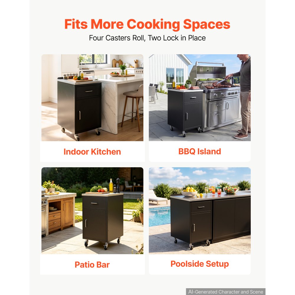 VEVOR Outdoor Prep Cabinet, 50.8 x 94.2 x 58.5 cm (WxHxD), 304 Steel Top, for BBQ Island Storage, Patio Bars and Grill Station, with Handle, Built-In BBQ Island Drawers Organize Cookware Accessories